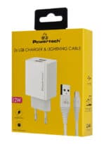 POWERTECH φορτιστής τοίχου PT-1325 με καλώδιο Lightning, 2x USB, 12W, λευκός - Image 2