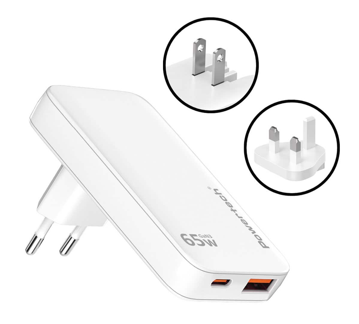 PT-1532 POWERTECH φορτιστής τοίχου PT-1532, EU/UK/CN βύσμα, USB/USB-C, 65W, GaN, λευκός - Image 1