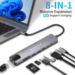 POWERTECH docking station PT-1537, 8 θυρών, USB-C σύνδεση, 100W PD, 1000Mbps, γκρι - Image 2