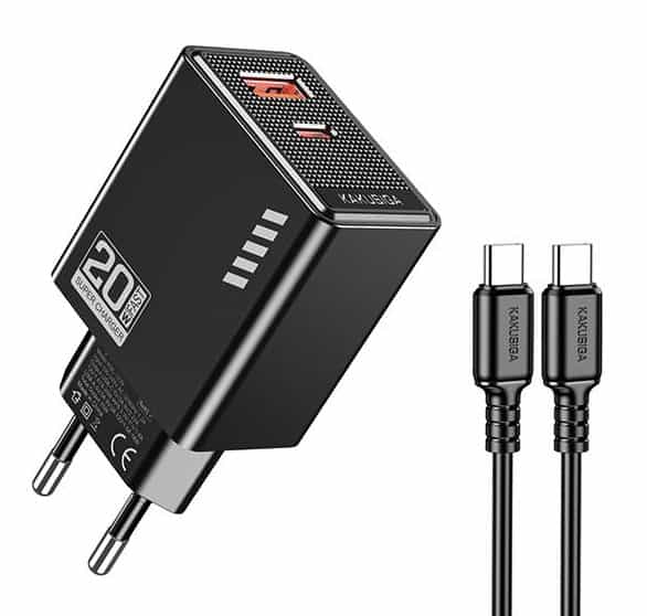 KSC-1240-C-BK KAKUSIGA φορτιστής τοίχου KSC-1240 με καλώδιο USB-C, USB & USB-C, 20W, μαύρος - Image 1