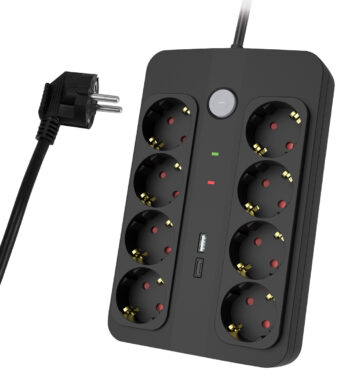 POWERTECH πολύπριζο ασφαλείας PT-1535, 8 θέσεων, με USB & USB-C θύρες, 16A, 1.5m, μαύρο