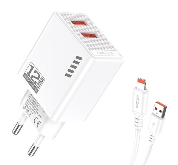 KSC-1238-L-WH KAKUSIGA φορτιστής τοίχου KSC-1238 με καλώδιο Lightning, 2x USB, 12W, λευκός - Image 1
