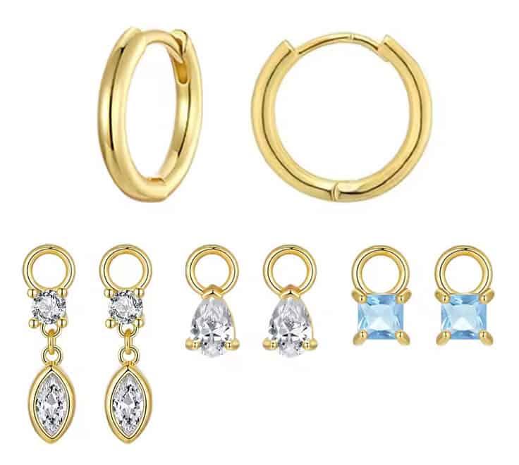 YIE262 BAMOER σκουλαρίκια κρίκοι YIE262 με 3x σετ charm, κυβική ζιρκόνια, χαλκός, χρυσό - Image 1