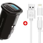 POWERTECH φορτιστής αυτοκινήτου με καλώδιο MFi USB σε micro USB/Lightning BNDL-0206, USB & USB-C, 30W, μαύρο/λευκό