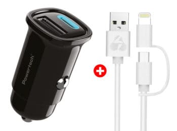 POWERTECH φορτιστής αυτοκινήτου με καλώδιο MFi USB σε micro USB/Lightning BNDL-0206, USB & USB-C, 30W, μαύρο/λευκό