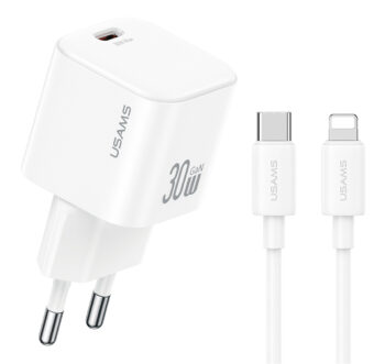 USAMS φορτιστής τοίχου CC262 με καλώδιο Lightning, 30W, GaN, λευκός