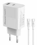POWERTECH φορτιστής τοίχου PT-1636 με καλώδιο, USB/USB-C, 30W, GaN, λευκός