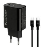 POWERTECH φορτιστής τοίχου PT-1638 με καλώδιο, USB/USB-C, 30W, GaN, μαύρος
