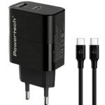 POWERTECH φορτιστής τοίχου PT-1638 με καλώδιο, USB/USB-C, 30W, GaN, μαύρος